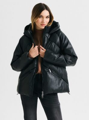 Parka Acolchada Efecto Cuero con Capucha