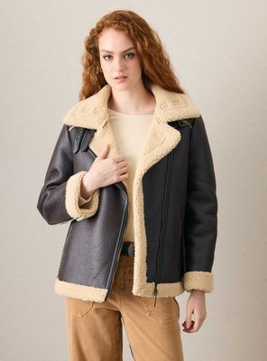 Chaqueta Aviadora de Cuero Sintético y Forro de Chiporro
