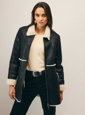 Chaqueta Larga de Cuero Sintético Forrada en Sherpa