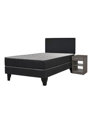 Cama Europea Apolo Black 1.5 Plazas x190 cm + Respaldo Nuit + Velador Granada Grey