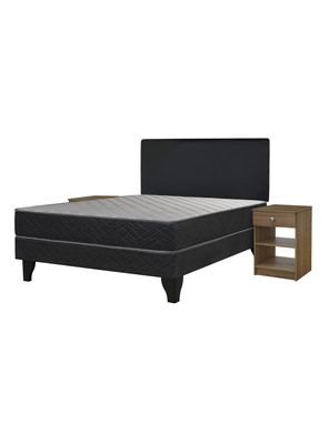 Cama Europea Apolo Black 2 Plazas x190 cm + Respaldo Nuit + Velador Granada Nude