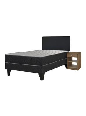 Cama Europea Apolo Black 1.5 Plazas + Respaldo Nuit + Velador Nude