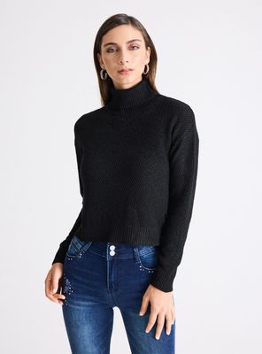 Sweater Crop Cuello Alto Punto Arroz con Lurex