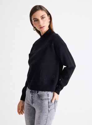 Sweater Cuello Alto Texto en Strass