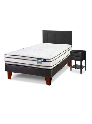 Cama Europea Innova 1.5 Plazas Box + Respaldo Royal Negro + Velador Rover