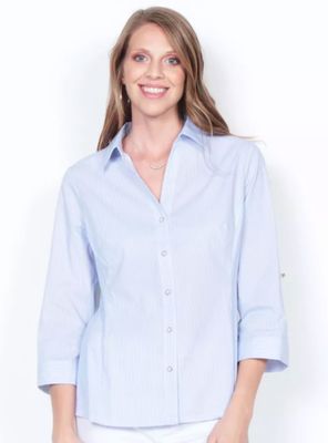 Blusa Manga 3/4 Listada Abotonada Cuello V Básica