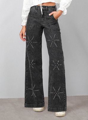 Jeans Pants Flores Tachas