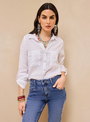 Imagen 1 del producto Blusa Lino Estilo Básico con Manga Ajustable