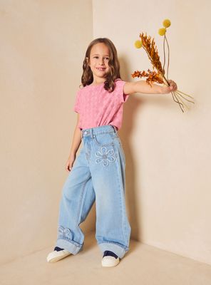 Jeans Wide Leg con Parches de Flor