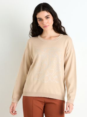 Sweater Cuello Redondo Hombro Caído con Aplicación de Tachas