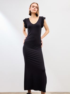 Vestido Largo Escote V y con Mangas Vuelos