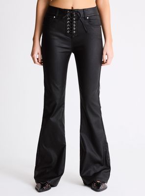 Jeans Flare Tiro Bajo Bragueta Amarras Coated