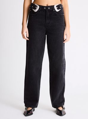 Jeans New Mom Cinturón Doble Hebilla Aplicación de Strass