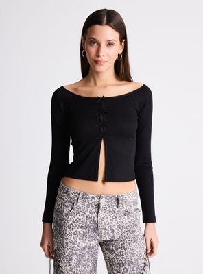 Polera Manga Larga Cuello Bardot y Lazos