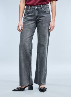 Jeans Wide Leg 5 Bolsillos Tiro Medio y Cierre