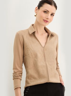 Polera de Gamuza con Cuello Camisero