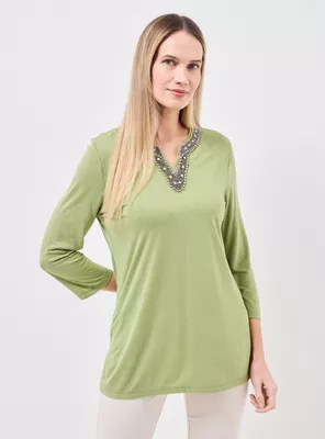 Polera de Lino con Mostacillas en Escote