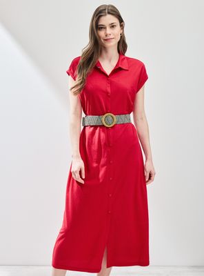 Vestido Abotonado con Cinturón y Tela Elasticada