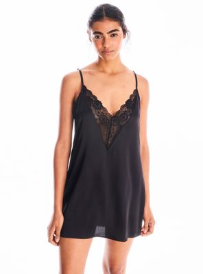 Camisa de Dormir de Satín Aplicación de Encaje