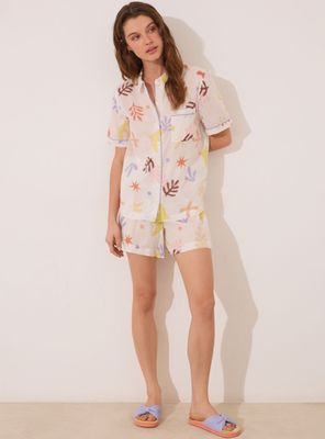 Pijama Camisero Corto Viscosa Allover Hojas