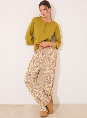 Pantalón Largo Algodón Sólido y Print Fleurs