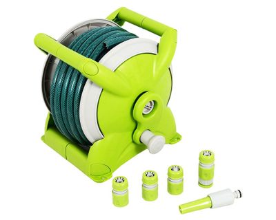 Manguera 15 metros + enrollador + set de riego Roots