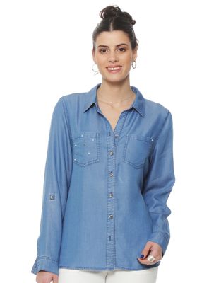 Imagen 1 del producto Blusa Denim Cuello Camisero Aplicación Tachas y Perlas