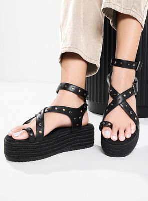 Sandalia Plataforma Yute y Tachas Mujer