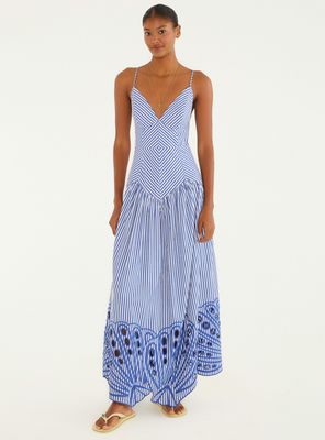 Vestido Largo Diseño de Rayas y Bordado Inferior