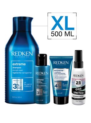 Set Reparacion Cabello Dañado Extreme Shampoo 500ml + 75ml + Acondicionador 50ml + Spray One United 30ml