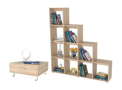 Combo Living Beijing Rovere Biblioteca Escalera + Mesa de Centro