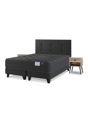 Cama Europea Black 2 Plazas Base Dividida + Respaldo Royal Negro + Velador Rock