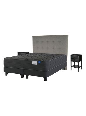 Cama Europea Black 2 Plazas + Respaldo con Velador Rover