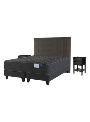 Cama Europea Black 2 Plazas + Respaldo Velador Rover