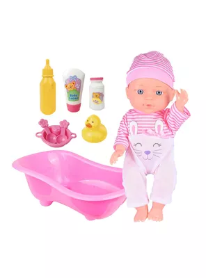 Muñeca de Cuerpo Duro 28 cm + Bañera + Accesorios