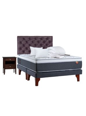 Cama Europea Everest 2 Plazas Base Dividida + Set Muebles Capitoné + Textil