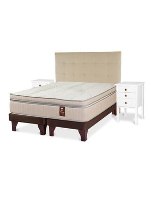 Cama Europea Máximo Cobre 2 Plazas Base Dividida + Respaldo Design Crudo + Velador Roma