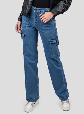 Jeans Cargo Tiro Alto Juana Azul