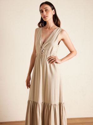 Vestido Largo con Escote Cruzado y Espalda Elasticada