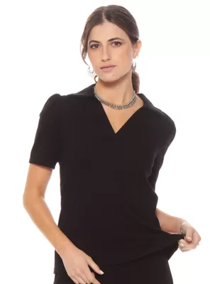 Polera Manga Corta Sólida Escote Cuello V