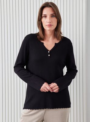 Sweater Escote V con Botones y Bordes a Crochet