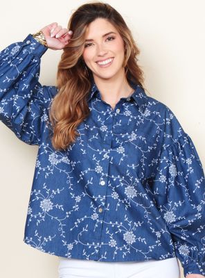 Blusa Manga Larga Denim Estampado Abotonada Delantero