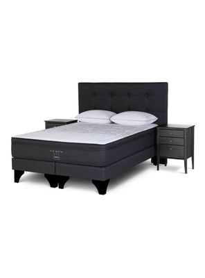 Set Cama Europea Tempo 2 Plazas Base Dividida + Set Muebles Issey Negro + Almohadas