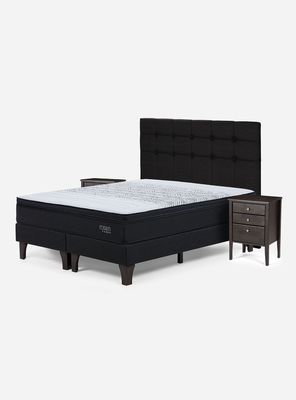Set Cama Europea Tempo King Base Dividida + Respaldo + 2 Veladores Issey