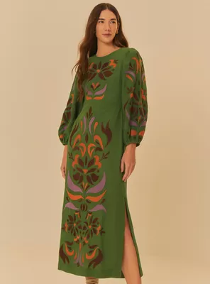 Vestido Largo Estampado con Manga Abullonada y Tajo