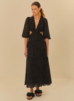 Vestido Broderie con Manga Abullonada y Aperturas