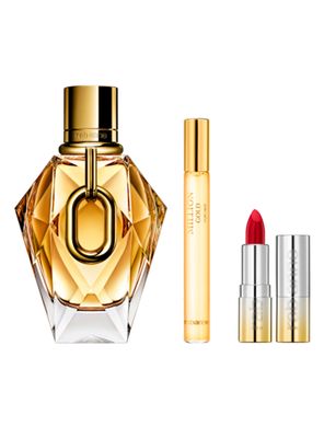 Set Perfume Million Gold For Her Rabanne EDP Recargable 90 ml + EDP 10 ml + Dramalips Shiny Lipstick First Red Carpet 687