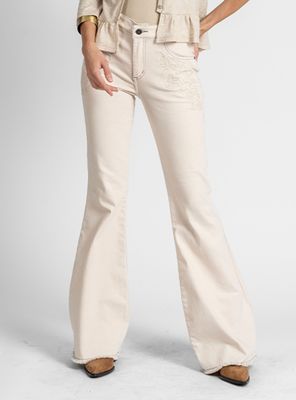 Jeans Flare Tiro Medio Nora Bordado Crudo