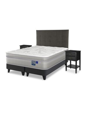 Cama Europea Paradise 2 Plazas Box Base Dividida + Respaldo Design Grafito + 2 Veladores Rover