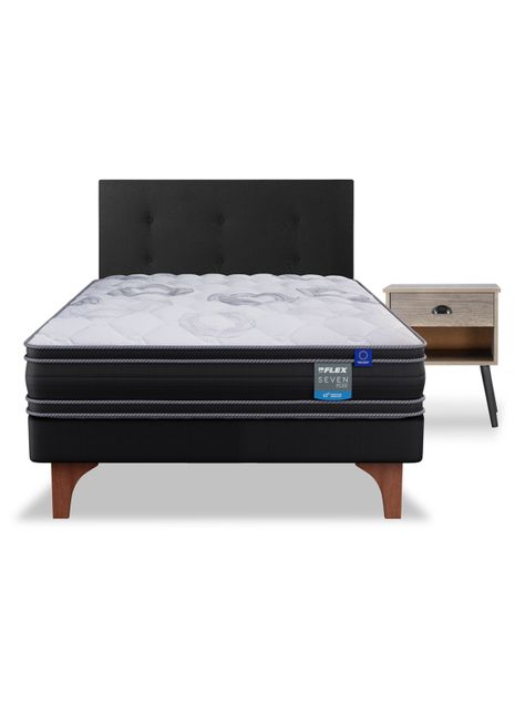 Cama Europea Seven Plus 1.5 Plazas + Respaldo Royal Negro + Velador Rock-2